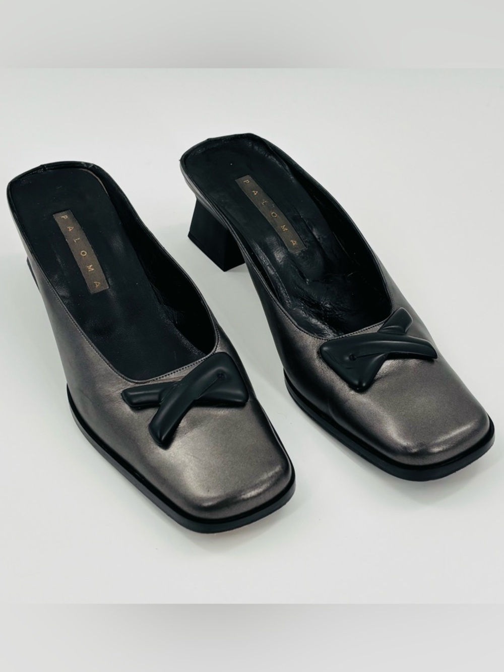 Paloma Leather Dress Shoes Closed Square Toe Block Heel Mules Metallic Gray Sz 9